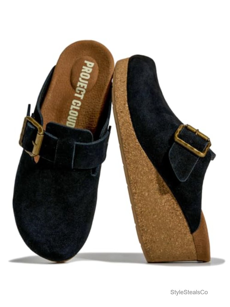 Genuine Suede Platform Clogs For Women - Non-Slip Wedge Mules With Cushioned